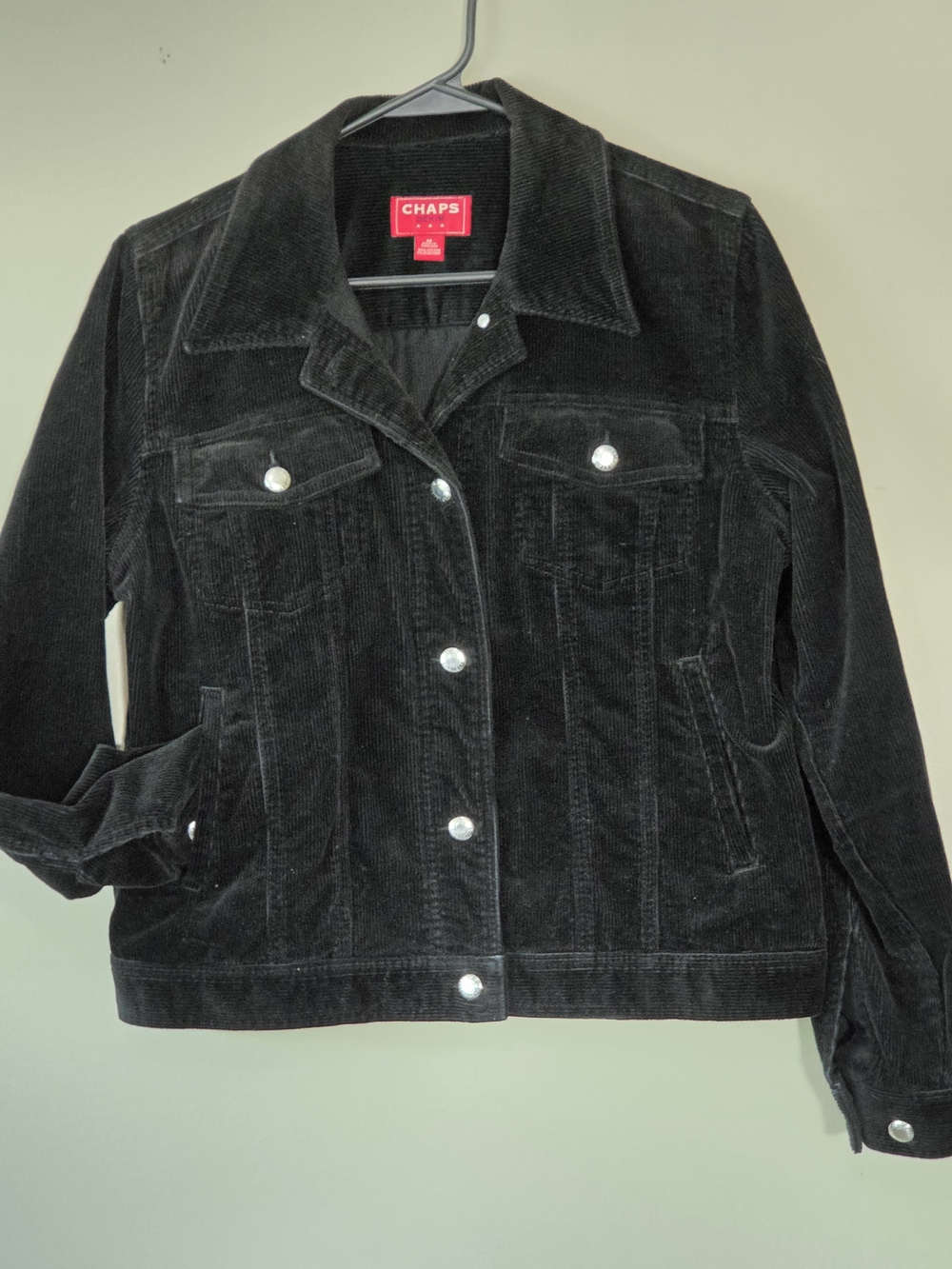 Chaps Denim Black Corduroy Trucker Jacket Womens M Y2K Silver Snap Stretch